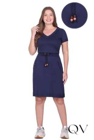 VESTIDO COM MANGAS CURTAS EM MOLETOM CREPONADO E RIBANA AZUL MARINHO - HAPUK