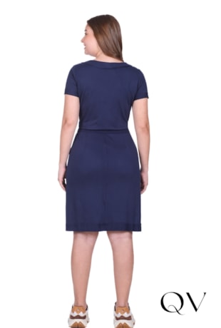 VESTIDO COM MANGAS CURTAS EM MOLETOM CREPONADO E RIBANA AZUL MARINHO - HAPUK