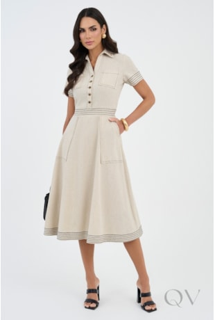 VESTIDO COM PESPONTO BORDADO EM LINHO CRU - VIA TOLENTINO VESTIDO COM PESPONTO BORDADO EM LINHO CRU - VIA TOLENTINO