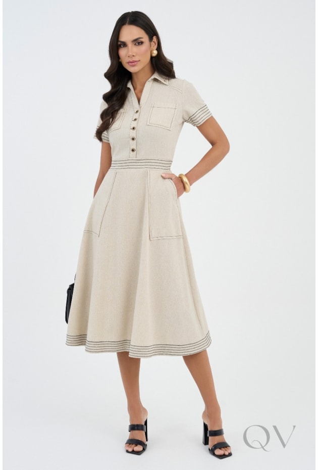 VESTIDO COM PESPONTO BORDADO EM LINHO CRU - VIA TOLENTINO