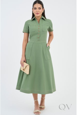 VESTIDO COM PESPONTO BORDADO EM LINHO VERDE - VIA TOLENTINO