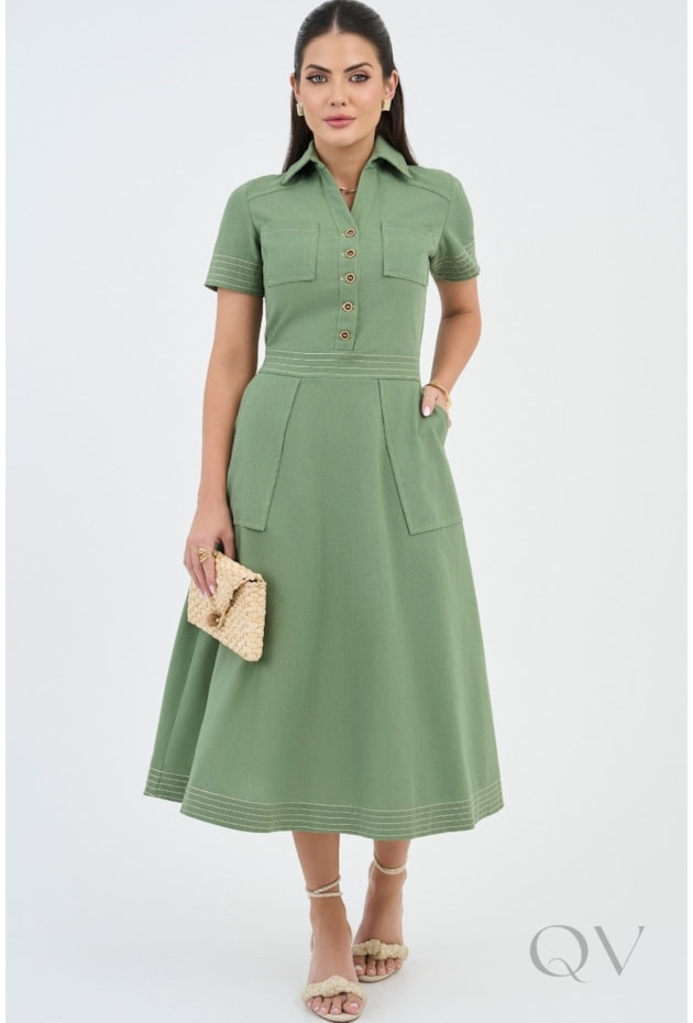 VESTIDO COM PESPONTO BORDADO EM LINHO VERDE - VIA TOLENTINO