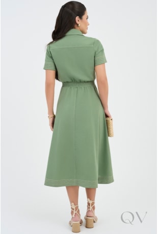 VESTIDO COM PESPONTO BORDADO EM LINHO VERDE - VIA TOLENTINO