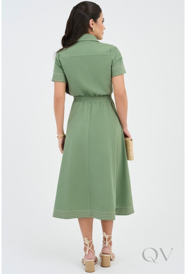VESTIDO COM PESPONTO BORDADO EM LINHO VERDE - VIA TOLENTINO