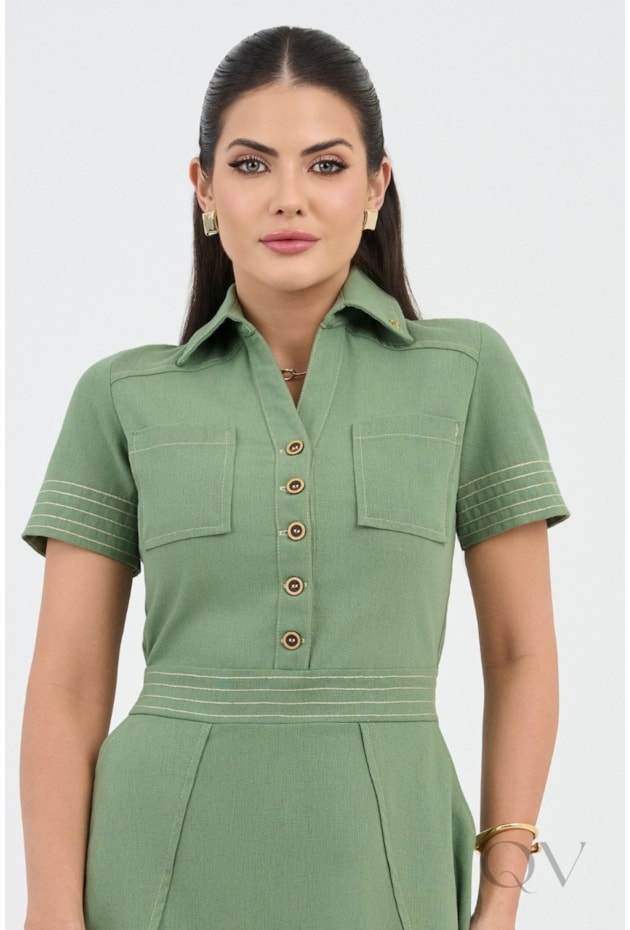 VESTIDO COM PESPONTO BORDADO EM LINHO VERDE - VIA TOLENTINO