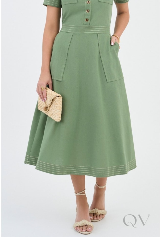 VESTIDO COM PESPONTO BORDADO EM LINHO VERDE - VIA TOLENTINO
