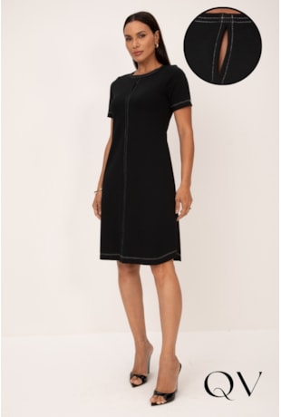 VESTIDO COM PESPONTO BRANCO EM MALHA PONTO ROMA PRETO - LEKAZIS