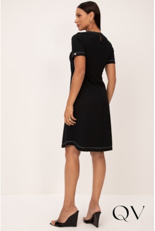 VESTIDO COM PESPONTO BRANCO EM MALHA PONTO ROMA PRETO - LEKAZIS