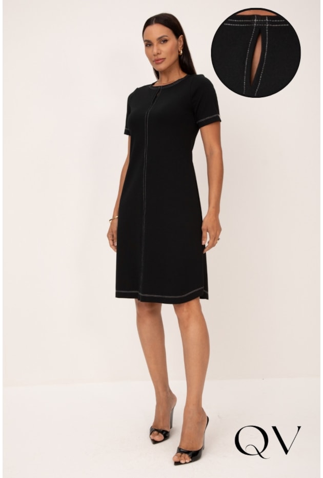 VESTIDO COM PESPONTO BRANCO EM MALHA PONTO ROMA PRETO - LEKAZIS