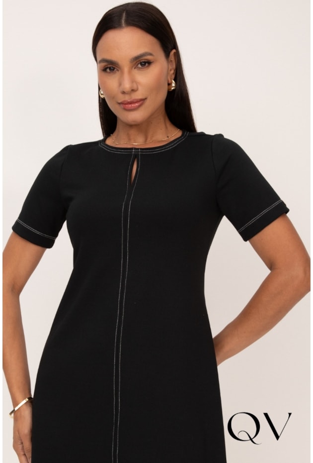 VESTIDO COM PESPONTO BRANCO EM MALHA PONTO ROMA PRETO - LEKAZIS