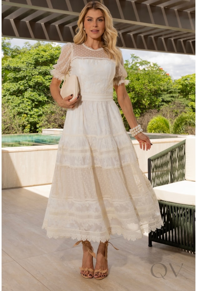 VESTIDO COM POÁ COM ENTREMEIO EM ORGANZA BORDADA E TULE OFF WHITE - LUZIA FAZZOLLI