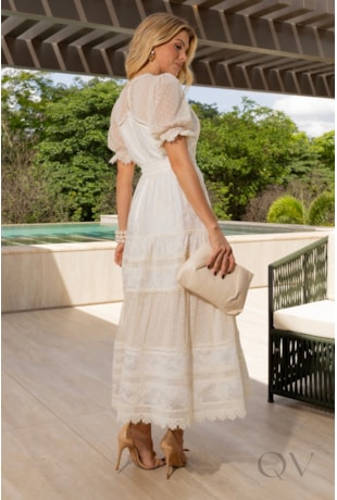 VESTIDO COM POÁ COM ENTREMEIO EM ORGANZA BORDADA E TULE OFF WHITE - LUZIA FAZZOLLI