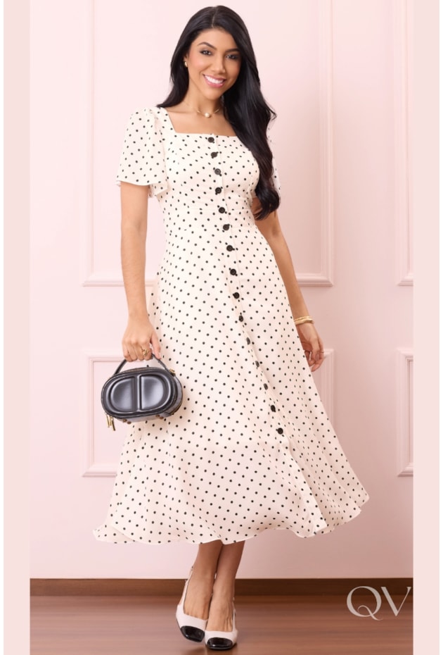 VESTIDO COM POÁ MAXI MIDI EM CREPE OFF WHITE - PURO SHARMY