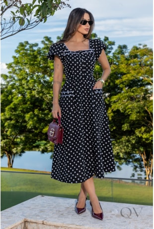 VESTIDO COM POÁS E BOLSO EM LINHO PRETO - LUZIA FAZZOLLI