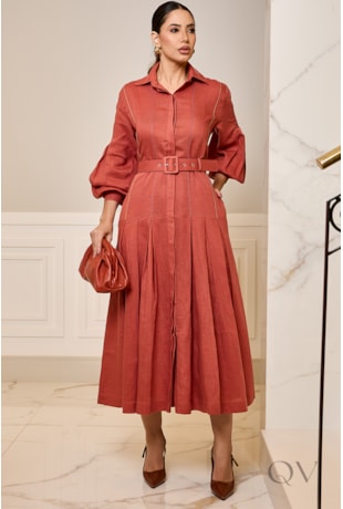 VESTIDO COM PREGAS EM LINHO TERRACOTA - LUZIA FAZZOLLI