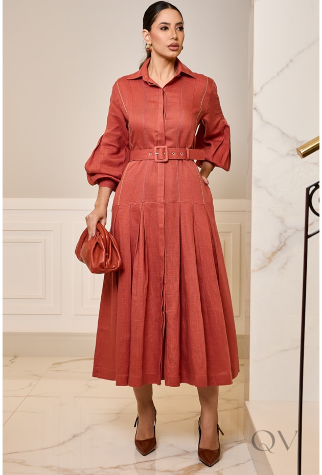 VESTIDO COM PREGAS EM LINHO TERRACOTA - LUZIA FAZZOLLI