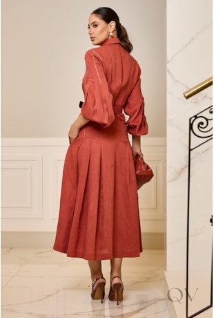 VESTIDO COM PREGAS EM LINHO TERRACOTA - LUZIA FAZZOLLI