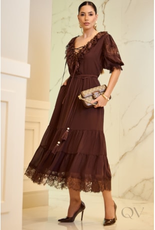 VESTIDO COM RENDA CHANTILY EM CHIFFON MARROM - LUZIA FAZZOLLI