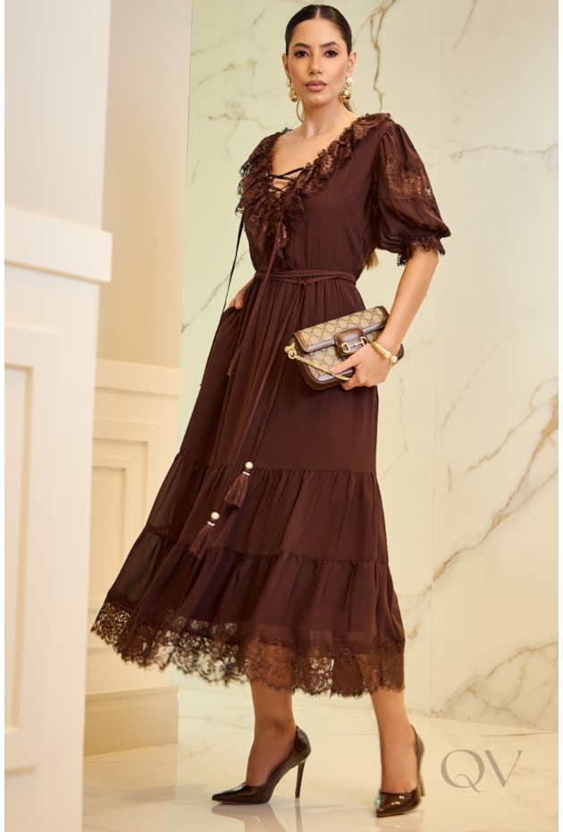 VESTIDO COM RENDA CHANTILY EM CHIFFON MARROM - LUZIA FAZZOLLI
