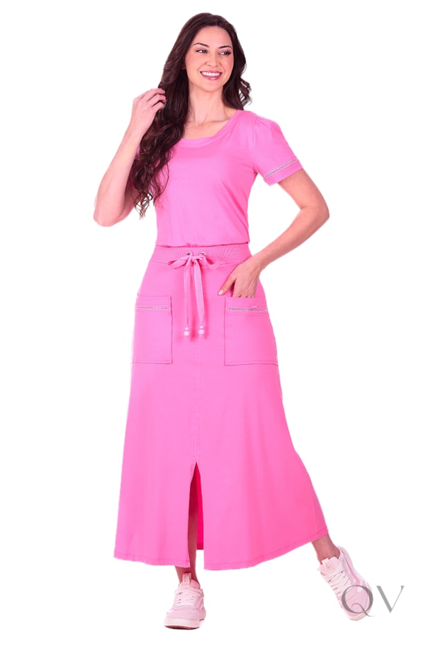 VESTIDO COM RIBANA E BOLSOS EM MALHA ALGODÃO ROSA - HAPUK