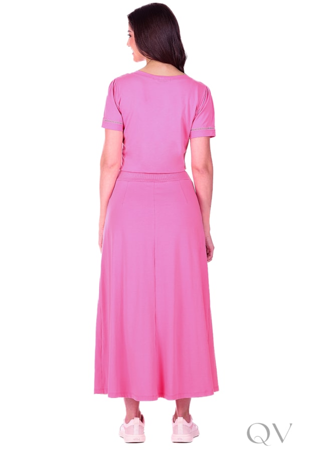 VESTIDO COM RIBANA E BOLSOS EM MALHA ALGODÃO ROSA - HAPUK