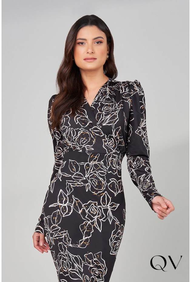 VESTIDO COM TRANSPASSE ESTAMPADO PRETO - TITANIUM JEANS VESTIDO COM TRANSPASSE ESTAMPADO PRETO - TITANIUM JEANS