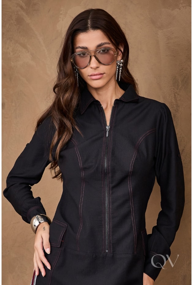 VESTIDO COM ZÍPER FRONTAL EM VISCOSE PRETO - ARTSY