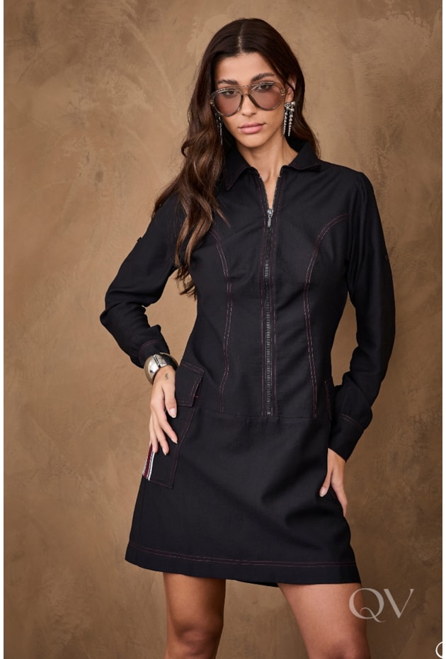 VESTIDO COM ZÍPER FRONTAL EM VISCOSE PRETO - ARTSY