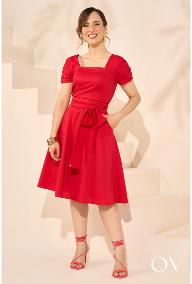 Vestido Cotton Vermelho Jany Pim QVestido Moda Evangelica Feminina