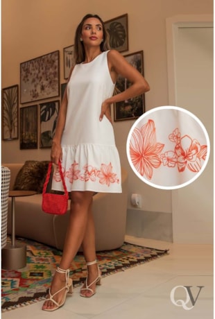 VESTIDO CREPE BABADO BORDADO OFF WHITE - LUZIA FAZZOLLI