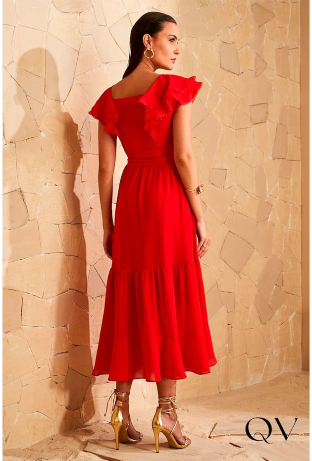 VESTIDO CREPE BARRADO GODÊ VERMELHO - JANY PIM