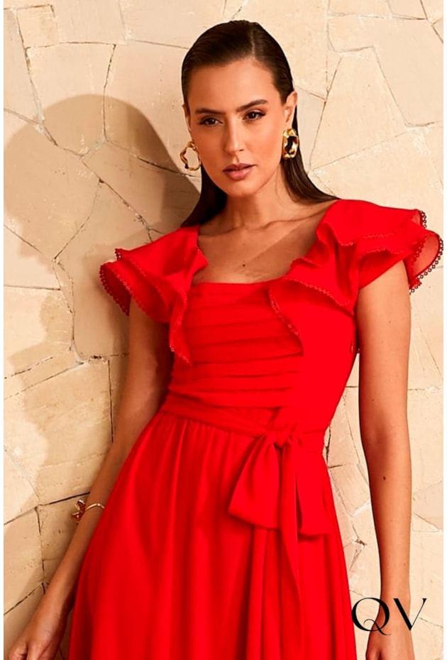 VESTIDO CREPE BARRADO GODÊ VERMELHO - JANY PIM