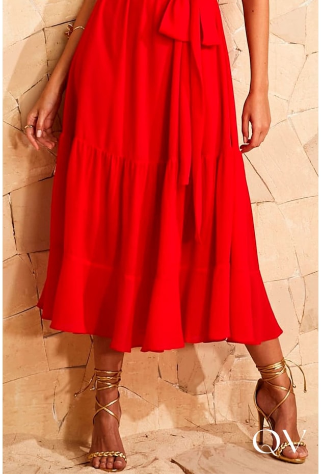 VESTIDO CREPE BARRADO GODÊ VERMELHO - JANY PIM