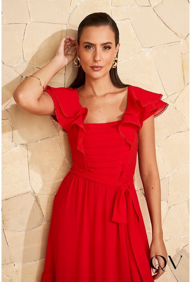 VESTIDO CREPE BARRADO GODÊ VERMELHO - JANY PIM