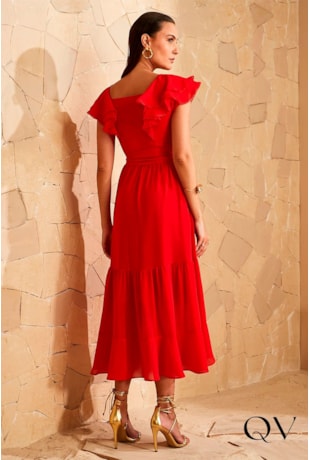 VESTIDO CREPE BARRADO GODÊ VERMELHO - JANY PIM