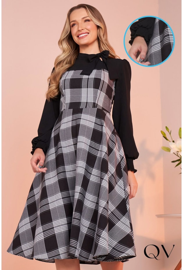 VESTIDO CREPE BUBBLE XADREZ PRETO - FASCÍSNIUS VESTIDO CREPE BUBBLE XADREZ PRETO - FASCÍSNIUS