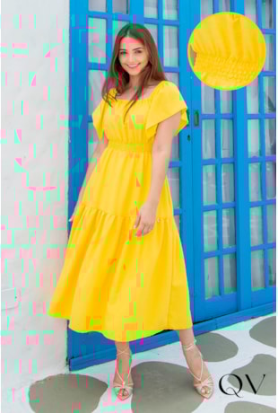 VESTIDO CREPE CINTURA LASTÉX AMARELO - VALETINA SIRRAH