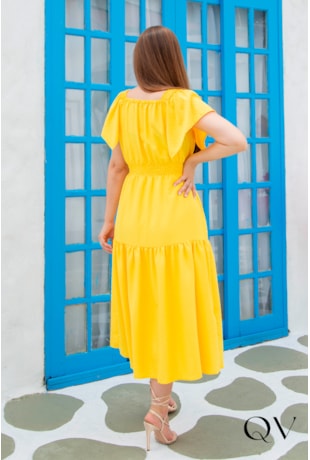 VESTIDO CREPE CINTURA LASTÉX AMARELO - VALETINA SIRRAH