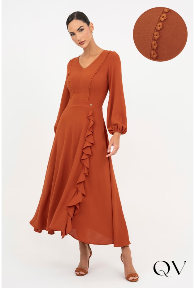 Vestido Crepe Com Babado Frontal Telha Via Tolentino QVestido