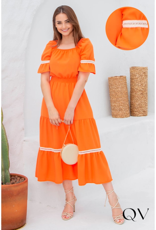 VESTIDO CREPE COM ENTREMEIOS LARANJA - VALENTINA SIRRAH