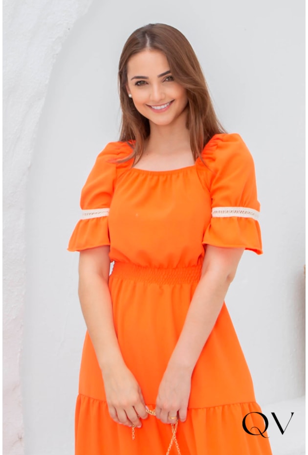 VESTIDO CREPE COM ENTREMEIOS LARANJA - VALENTINA SIRRAH