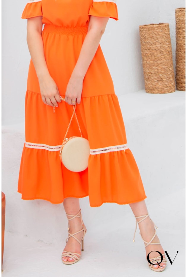 VESTIDO CREPE COM ENTREMEIOS LARANJA - VALENTINA SIRRAH