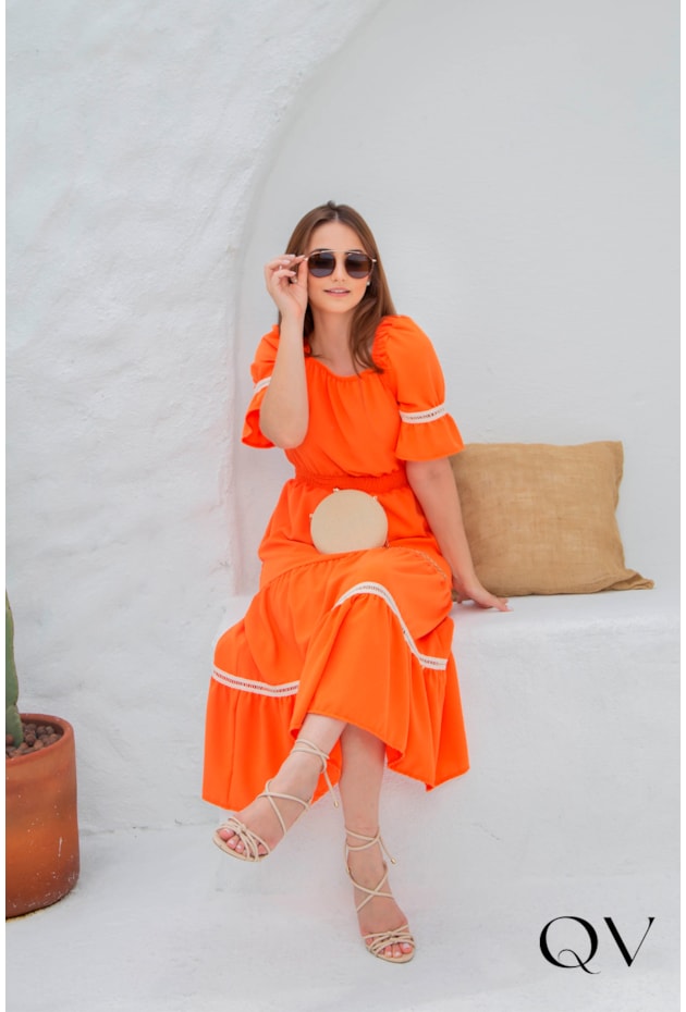 VESTIDO CREPE COM ENTREMEIOS LARANJA - VALENTINA SIRRAH