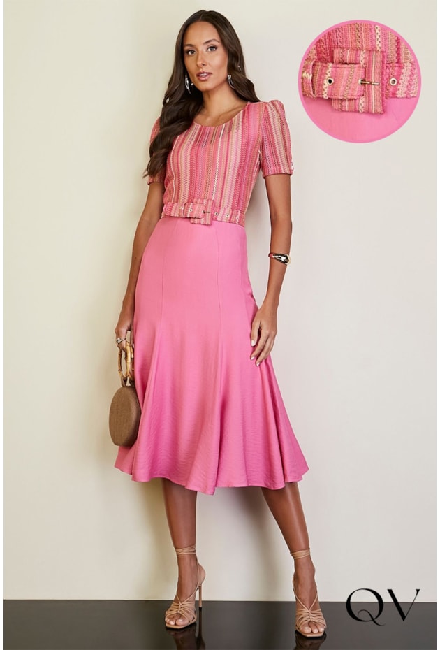 VESTIDO CREPE E CROCHÊ ROSA - JANY PIM