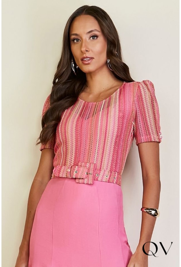 VESTIDO CREPE E CROCHÊ ROSA - JANY PIM