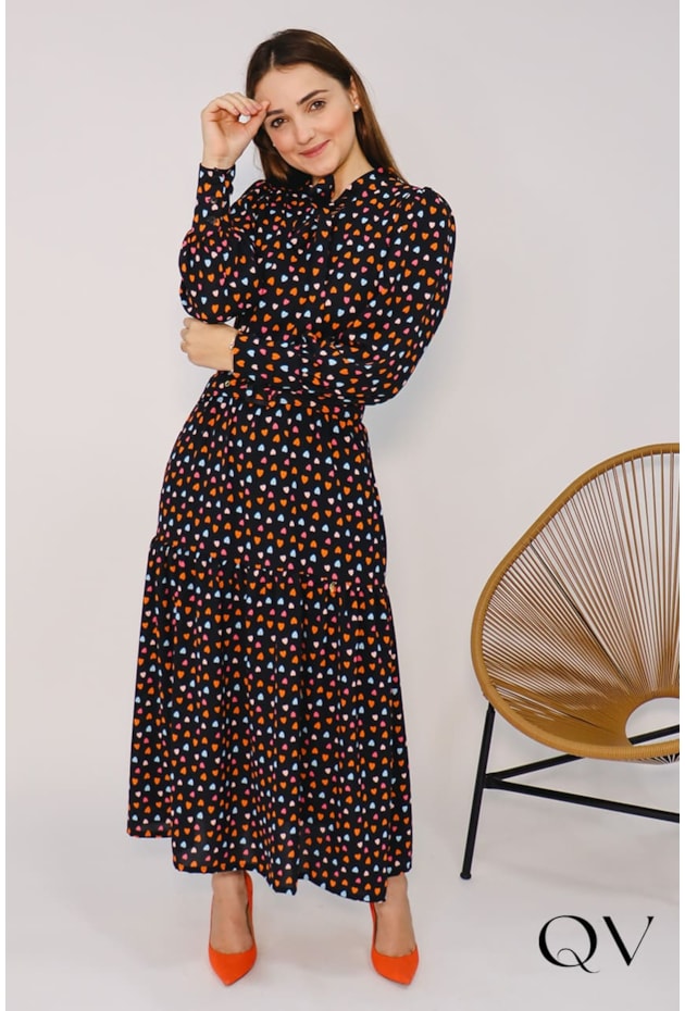 VESTIDO CREPE ESTAMPA CORAÇÕES PRETO - VALENTINA SIRRAH VESTIDO CREPE ESTAMPA CORAÇÕES PRETO - VALENTINA SIRRAH