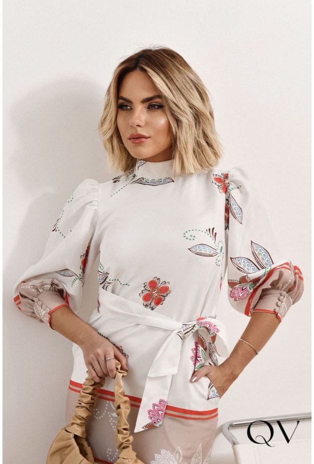 VESTIDO CREPE GOLA ALTA ESTAMPADO OFF WHITE - LUZIA FAZZOLLI VESTIDO CREPE GOLA ALTA ESTAMPADO OFF WHITE - LUZIA FAZZOLLI