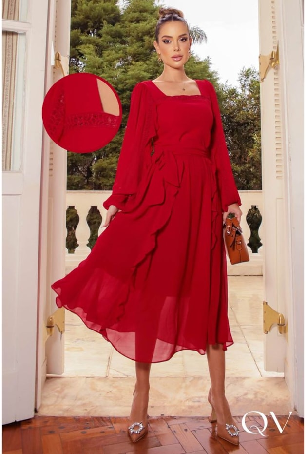 VESTIDO CREPE MIDI COM BABADOS VERMELHO LUZIA FAZZOLLI 44