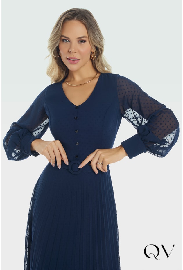 VESTIDO CREPE POÁ AZUL MARINHO - VIA TOLENTINO VESTIDO CREPE POÁ AZUL MARINHO - VIA TOLENTINO