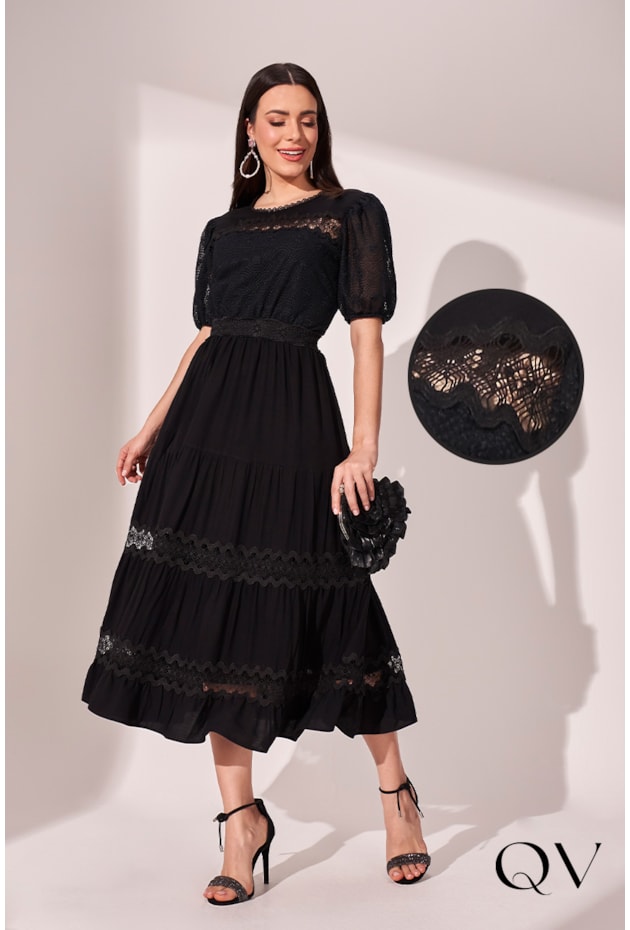 VESTIDO CREPE TEXTURIZADO PRETO - FASCÍNIUS